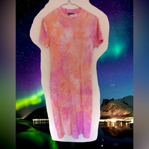 Sunset pink and orange tie dye long dress. Short sleeves